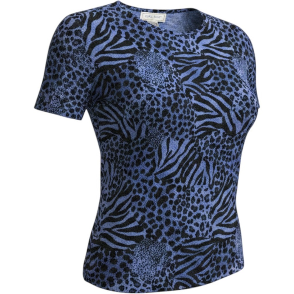 Studio Works Vintage Blue Animal Print Knit Top Short Sleeve Petite Medium PM
